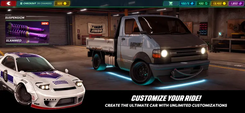 Customize your ride! Create the ultimate car with unlimited customizations. A slammed flatbed truck with underglow in the garage.