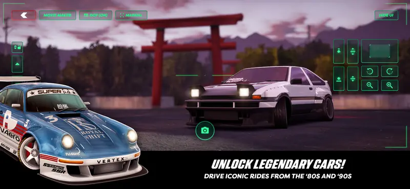 Unlock legendary cars! Drive iconic rides from the '80s and '90s. A white '80s coupe lined up in Photo Mode by a red torii gate.