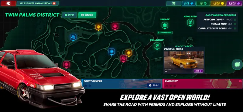 Explore a vast open world! Share the road with friends and explore without limits. The Twin Palms District map with daily missions.
