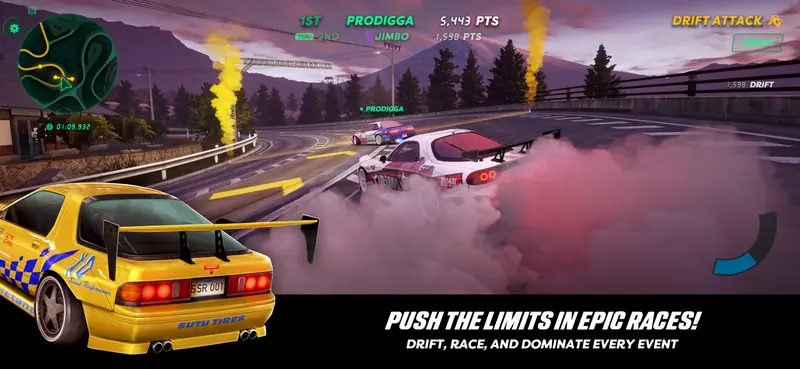 Push the limits in epic races! Drift, race, and dominate every event. A white drift car smokes its tyres on a mountain Drift Attack.